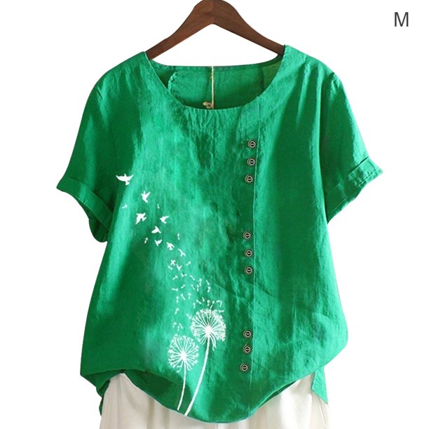 Qarigey Camisa de manga corta con cuello y botones estampados de de león para mujer Prendas para la parte del cuerpo Verde M