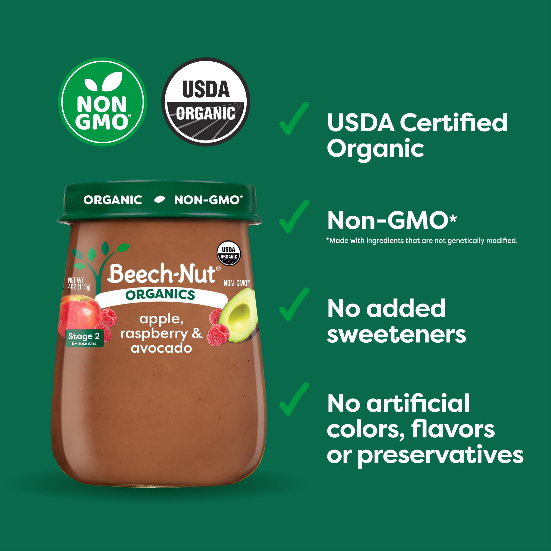 (3 pack) Beech-Nut Organics Stage 2 Organic Baby Food, Apple Raspberries & Avocado, 4oz Jar