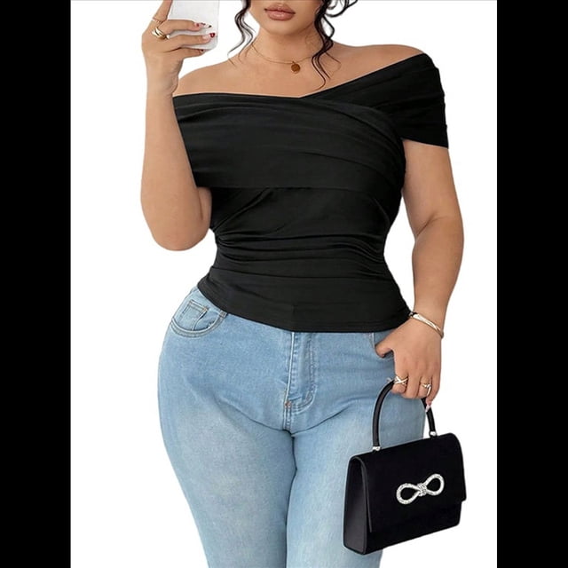 Camiseta de Corta Ajustada con Hombros Descubiertos y Fruncido Cruzado para Mujer, Talla Grande Negro XL