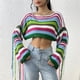 thumbnail image 3 of Suéter con flecos a rayas de arcoíris para mujer, suéter holgado corto sexy que deja al descubierto el ombligo, novedad de 2023, 3 of 4