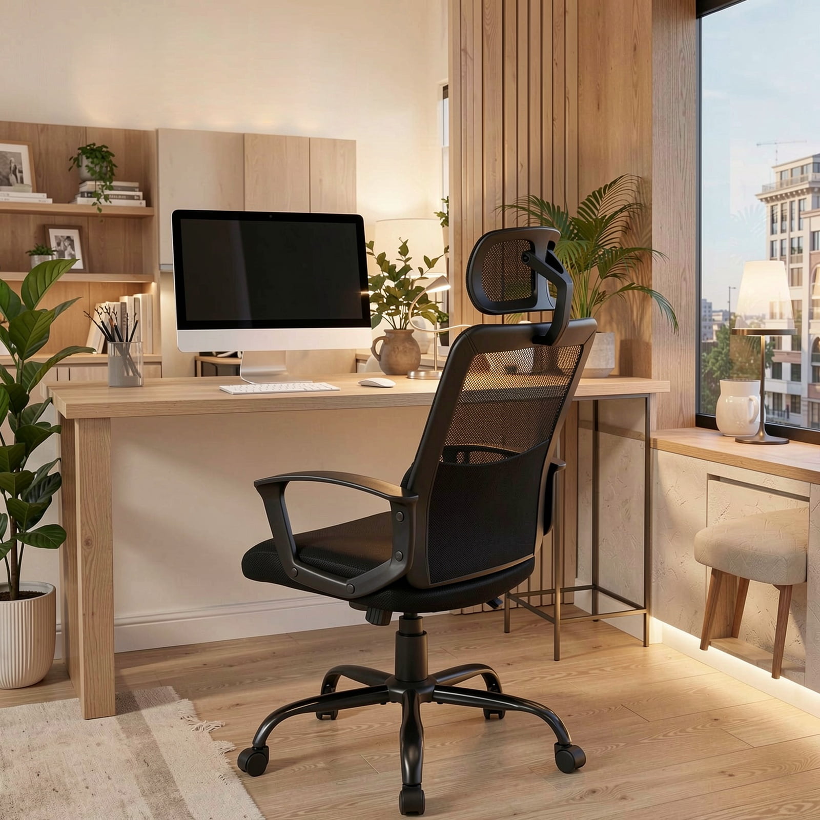 Furnibear Mesh Office Chair High Back Ergonomic Swivel Desk Chair with Adjustable Headrest Lumbar Support Computer Chair for Home Office, Black