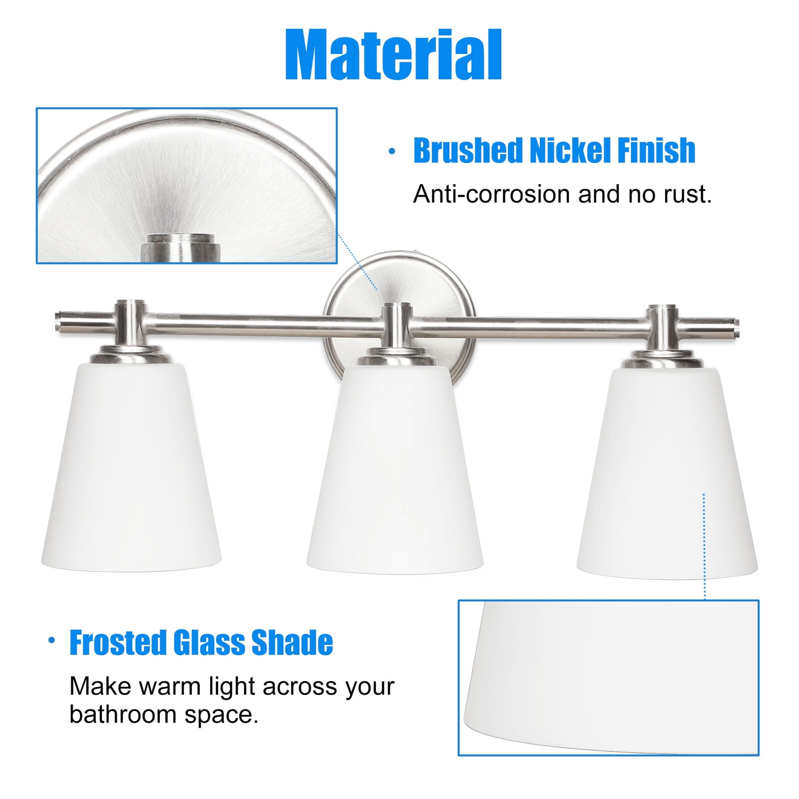 3 Light LED Bath Bar Light, LED Mirror Front Make-up Vanity, Light Bathroom Lighting Fixture with Glass, Indoor Wall Lamp 3-Blub Brushed Nickel