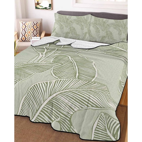 Summer Palm Leaf Queen Size Down Alternative Comforter, Lightweight Comforter Quilt Bedding Set with Pillow Shams Green Tropical Bloom Silhouettes All Seasons Bed Comforter Duvet Insert 90"x96"