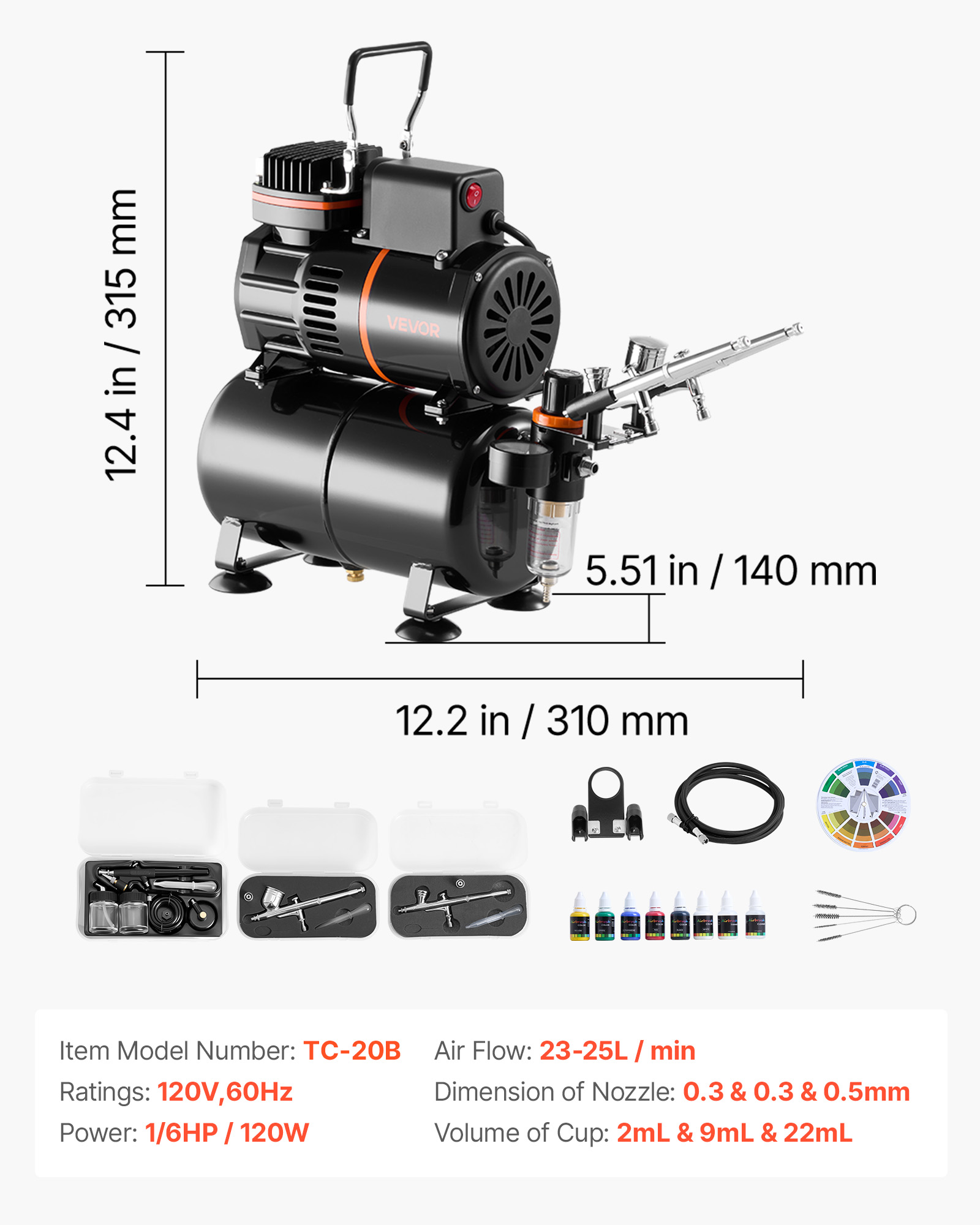 VEVOR Airbrush Kit, 1/6 HP, Air Brush Kit with Air Compressor and Tank, 3 Dual-Action Professional Airbrushes with 3 Tips, Hose, Acrylic Paint, 2 Fans, for Cake Decorating, Model Painting, Nail Art