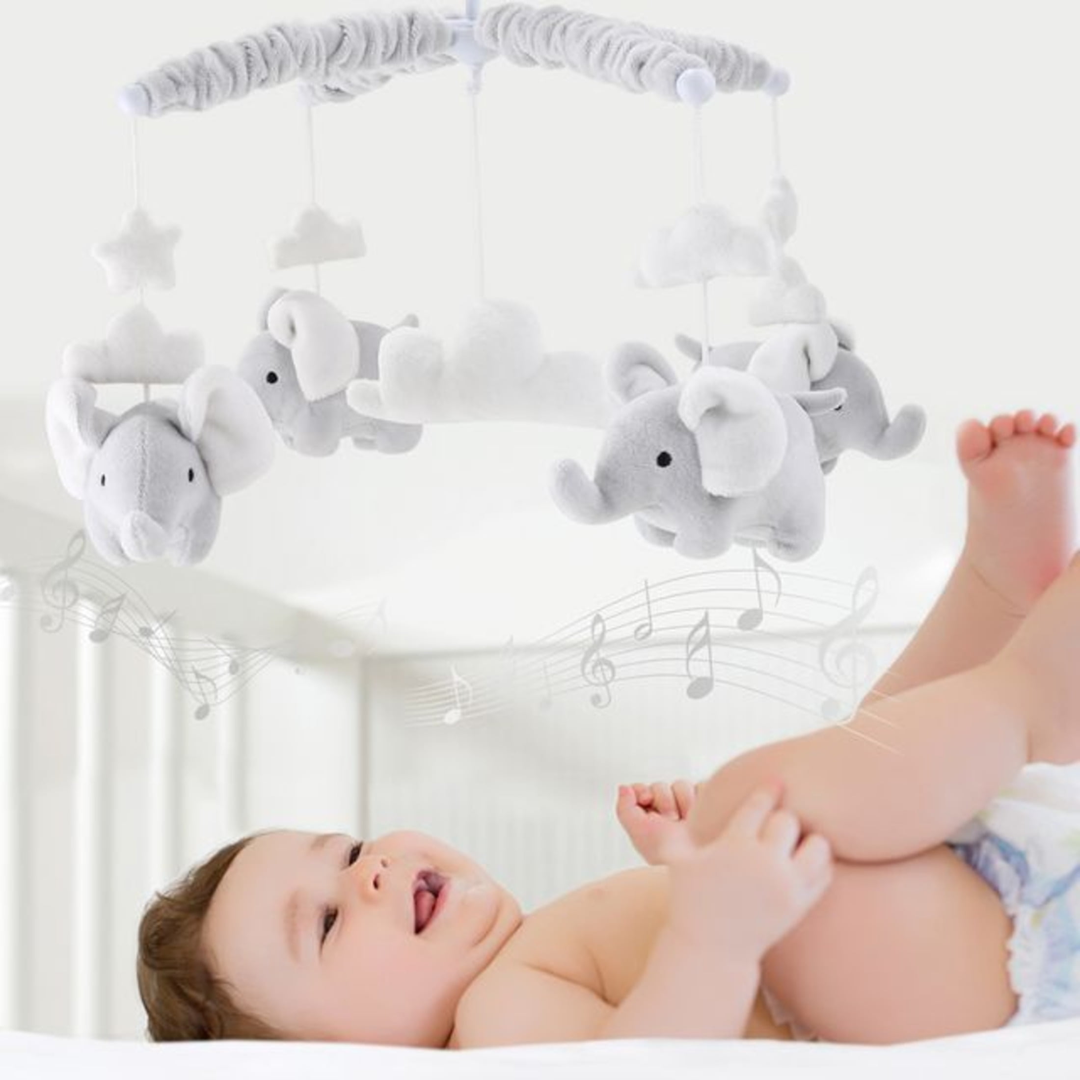 The Peanutshell Elephant Musical Mobile in Grey