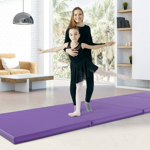 Amijoy 10' Folding Gymnastics Mat, PU Leather Aerobic Exercise Mat with Carrying Handle, Kids Tumbling Mat with Hook & Loop Fastener