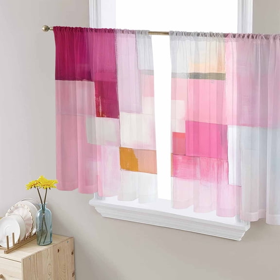 Pink Abstract Art Sheer Curtains 45 Inch Length 2 Panels Set for Living Room/Bedroom, Geometric Oil Painting Semi Curtain Sheers Drapes Rod Pocket Curtains Window Treatment Set 52''x45''x2