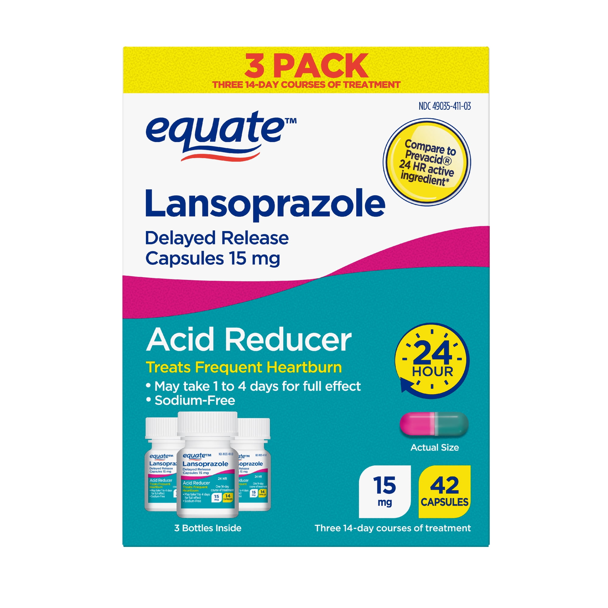Equate Acid Reducer Lansoprazole Delayed Release Capsules, 15 mg, 42 Ct, 3 Pk - Treats Frequent Heartburn