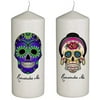 Hat Shark Remember Me Celebration Candle for Day of The Dead Set of Two Candles Blue with Green Skull and Pink Rose Skull - Dia De Los Muertos - Printed in Full Color 6 Inches Tall