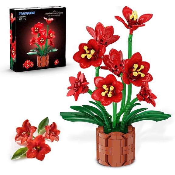 TERRAMUS Amaryllis Flower Bouquet Building Kit with Pot, 503 Pcs Artificial Flowers Building Blocks Set, Creative Home Decor Toys for Girls Women Age 12