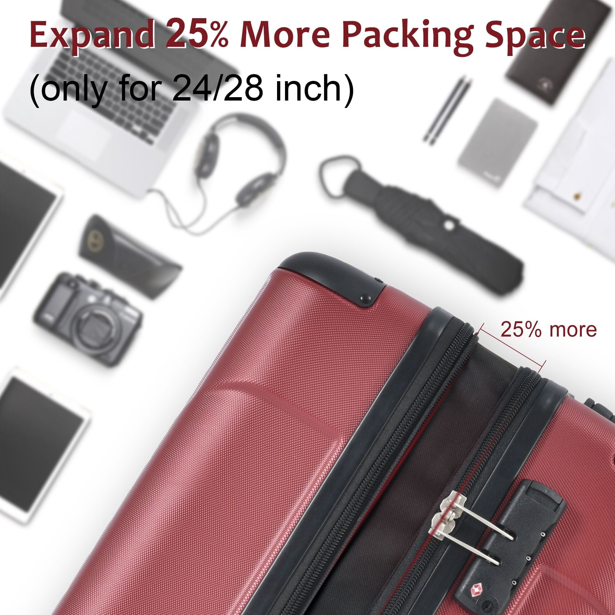 Hardside Luggage Hardshell Luggage, Lightweight Durable ABS Suitcases with Double Wheels, Expandable 24-inch Checked Luggage 24" (Red),Hardside Suitcase