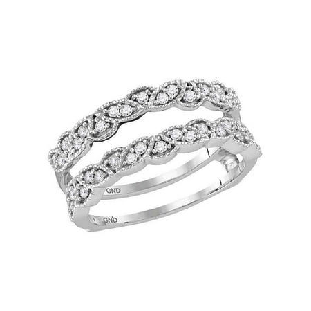 Diamond Ring Wrap Guard Insert - 14kt White Gold Womens Round Diamond Milgrain Wrap Ring Guard Enhancer Wedding Band 1/3 Cttw