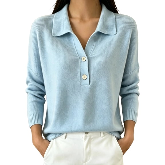 Vynhevius Women's Collared Henley Sweater Solid Button Neck Long Sleeve Loose Knit Fall Casual Pullover Knit Tops
