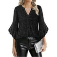 thumbnail image 2 of Enjoytime Women's Shirts Solid Color Color V-Neck Trendy 3/4 Sleeve Tops Sparkling Party Gathering Dressy Plus Size Blouse Black XXXXXL, 2 of 7