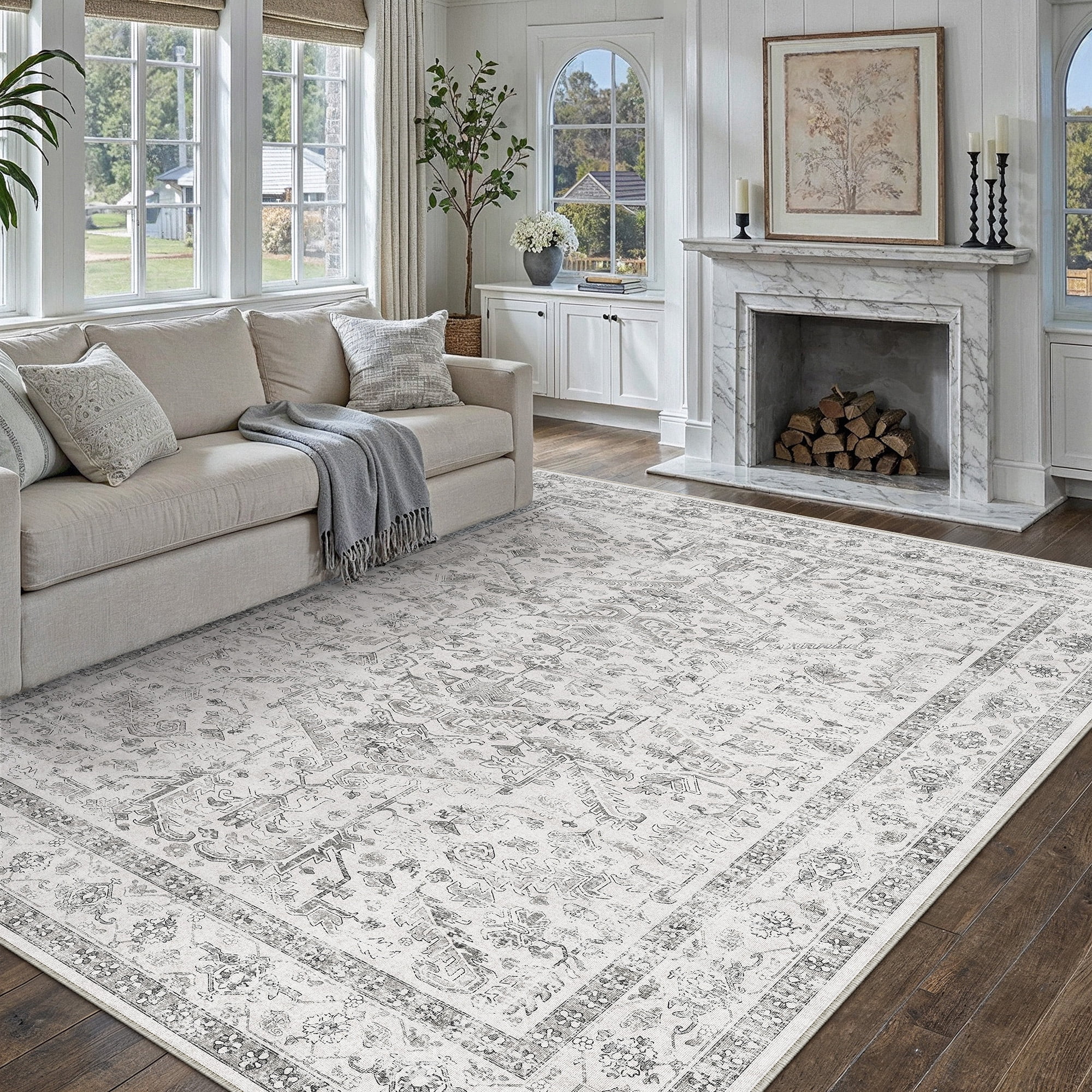 BERTHMEER 9'x12' Large Area Rug for Living Room Machine Washable Bedroom Rugs Distressed Vintage Oriental Traditional Print Gray Rug for Dining Room Farmhouse Nonsilp Carpet, Gray