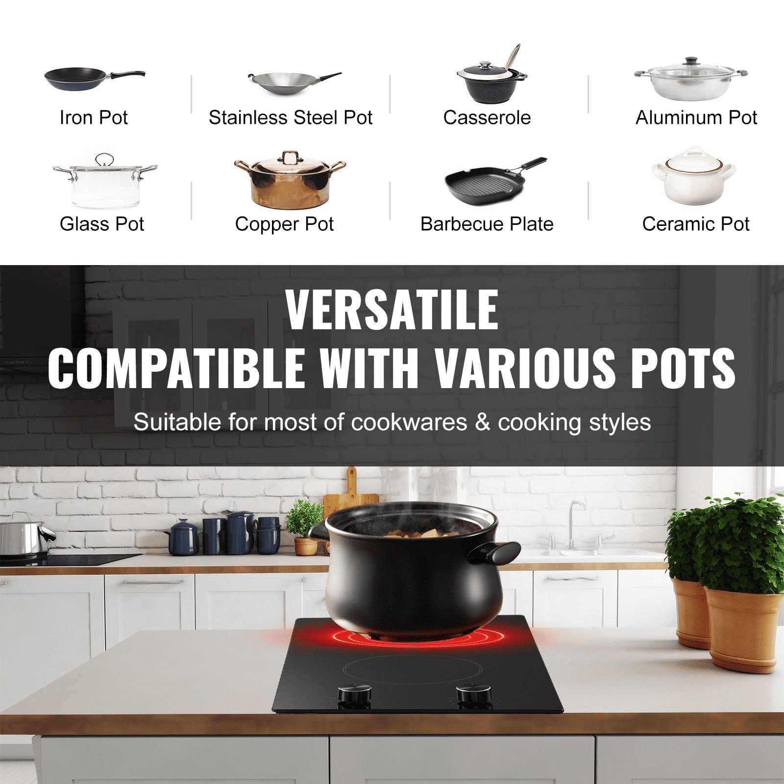 Electric Cooktop 12 Inch, 2 Burner Built-in Stove Top, 3000W Ceramic Radiant Cooktop, 11 Heat Levels, Knob Control, 220-240V Hardwire, for Kitchen Countertop