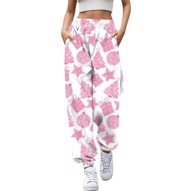 Pantalones holgados Gibobby de chándal largos y elásticos mujer diseño de árbol de Navidad rosa S