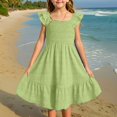 thumbnail image 2 of Robe pour Filles Été Unie Smockée Sans Manches Robe d'Été pour Enfants Filles Décontractée Plage Vacances Robes Robe Ado Fille Vert Pâle 13 Ans-14 Ans, 2 of 7