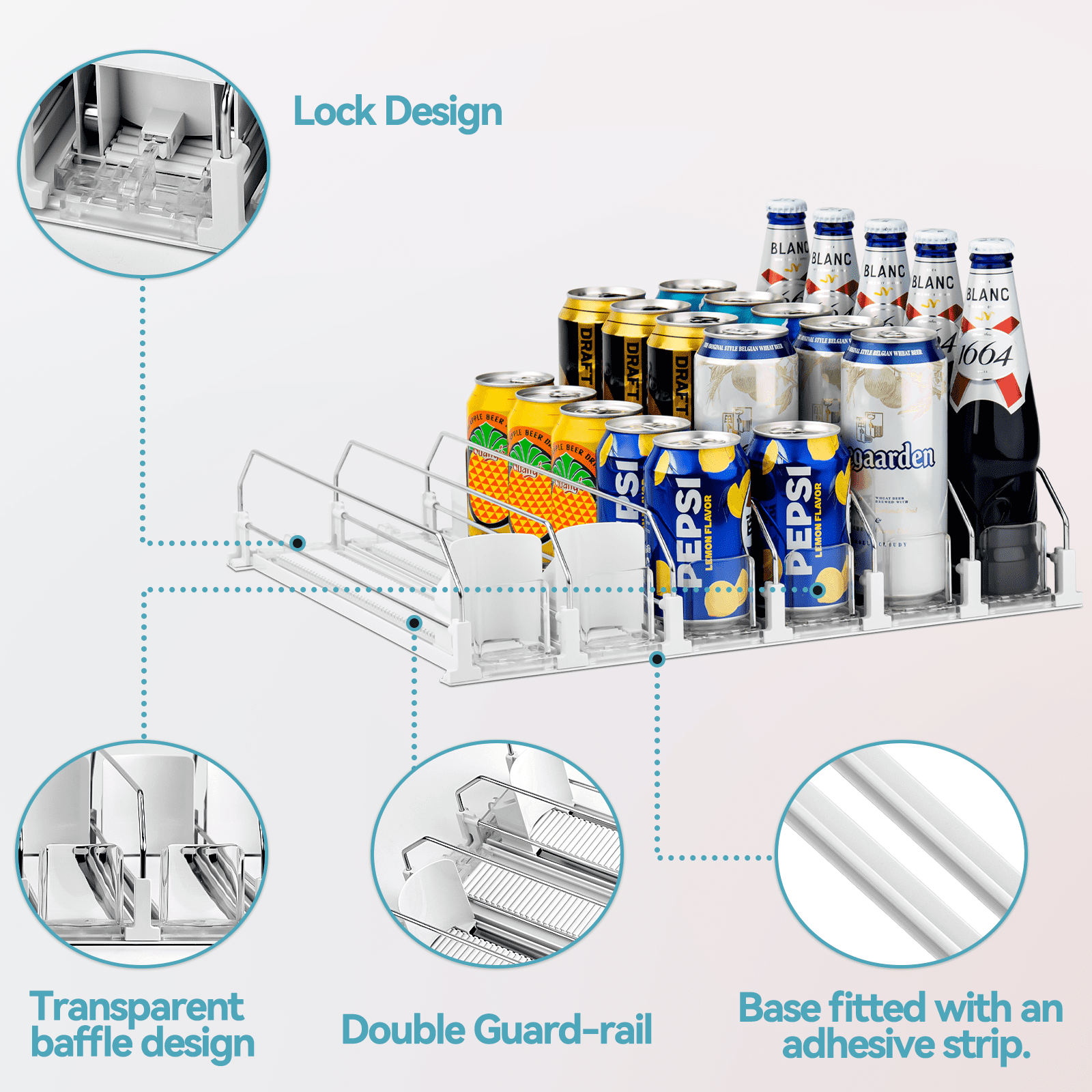 CZS Drink Organizer for Fridge, 6-Row Automatic Can Dispenser with Adjustable Width, Self-Pushing Soda & Bottle Rack Holds 15 Cans, Space-Saving White Design