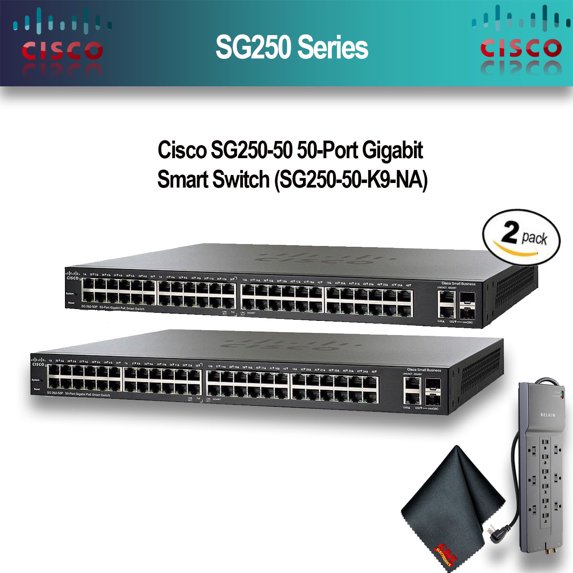 Cisco SG250-50 50-Port Gigabit Smart Switch (SG250-50-K9-NA) 2-Pack With Belkin PowerStrip