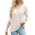 thumbnail image 3 of LIaqionyy Women 3/4 Sleeve Tops Sweaters V Neck Lightweight Knitted Fall Trendy Basic Plain Tunic Blouses, 3 of 6