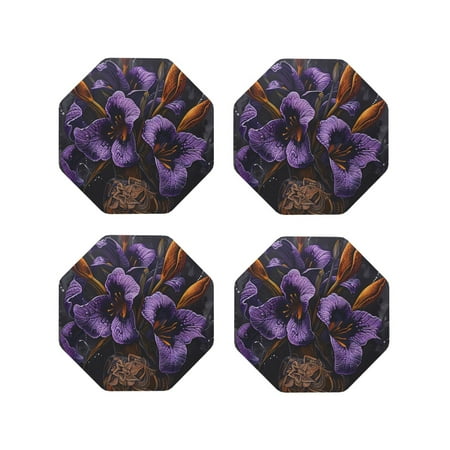 

Tideii Ornate Purple Floral Vase for Leather Coasters 4 Pieces Anti-fouling and Anti-scalding Decorative Coasters Suitable for Restaurants Kitchens Coffee Shops-Octagon