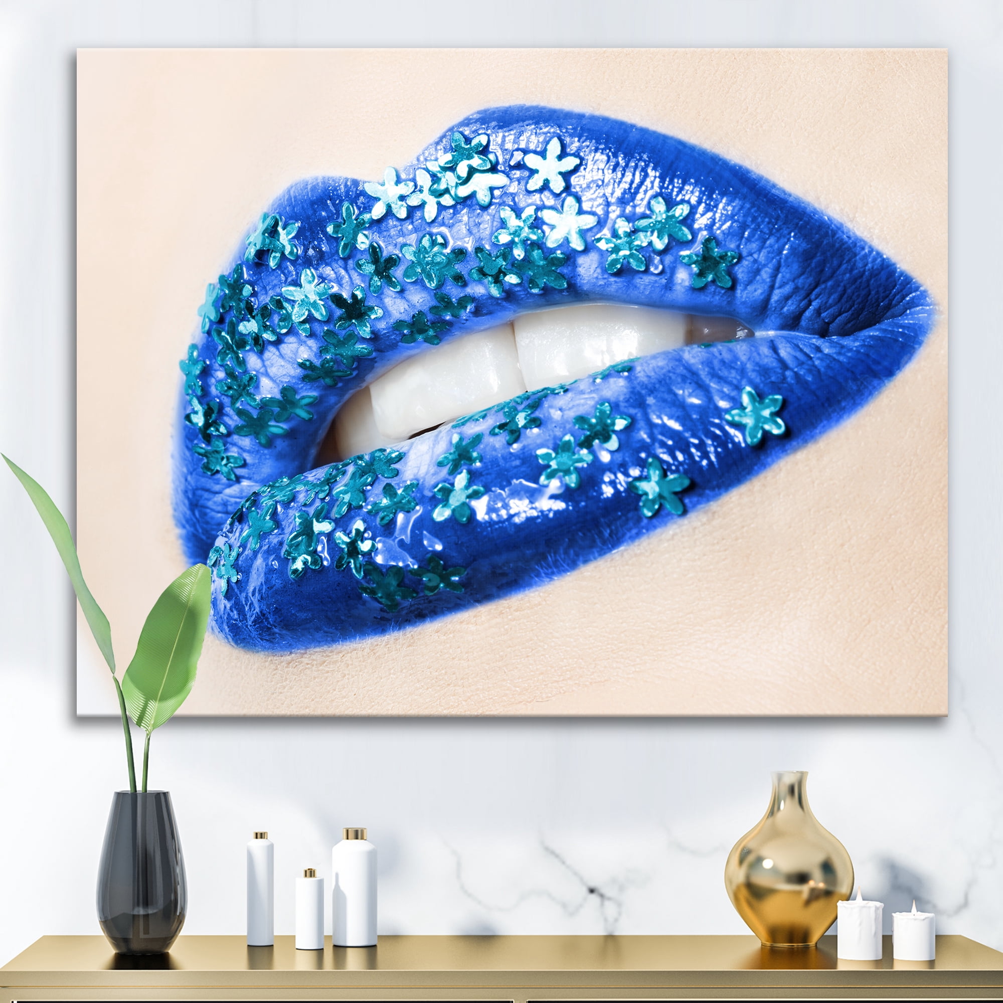 Designart ' Beautiful Woman Lips Blue With Flowers ' Modern Canvas Wall Art Print