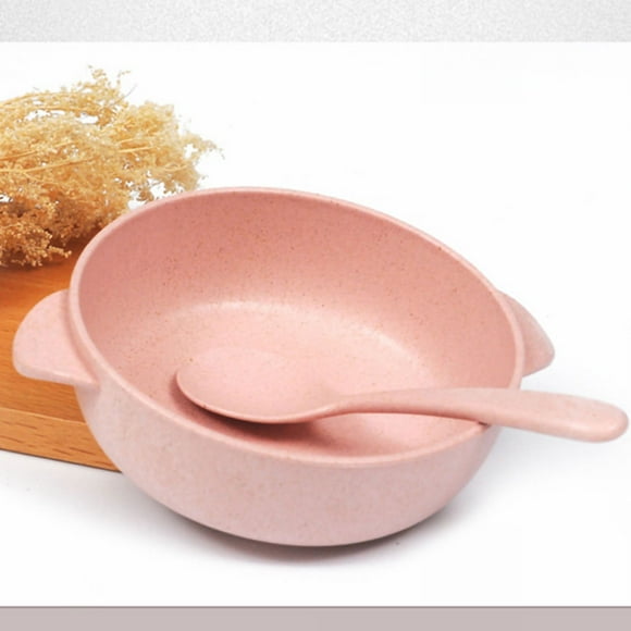 Children Wheat Straw Bowl Household Baby Toddler Feeding Bowl for Cereal Rice Snack with Spoon Pink
