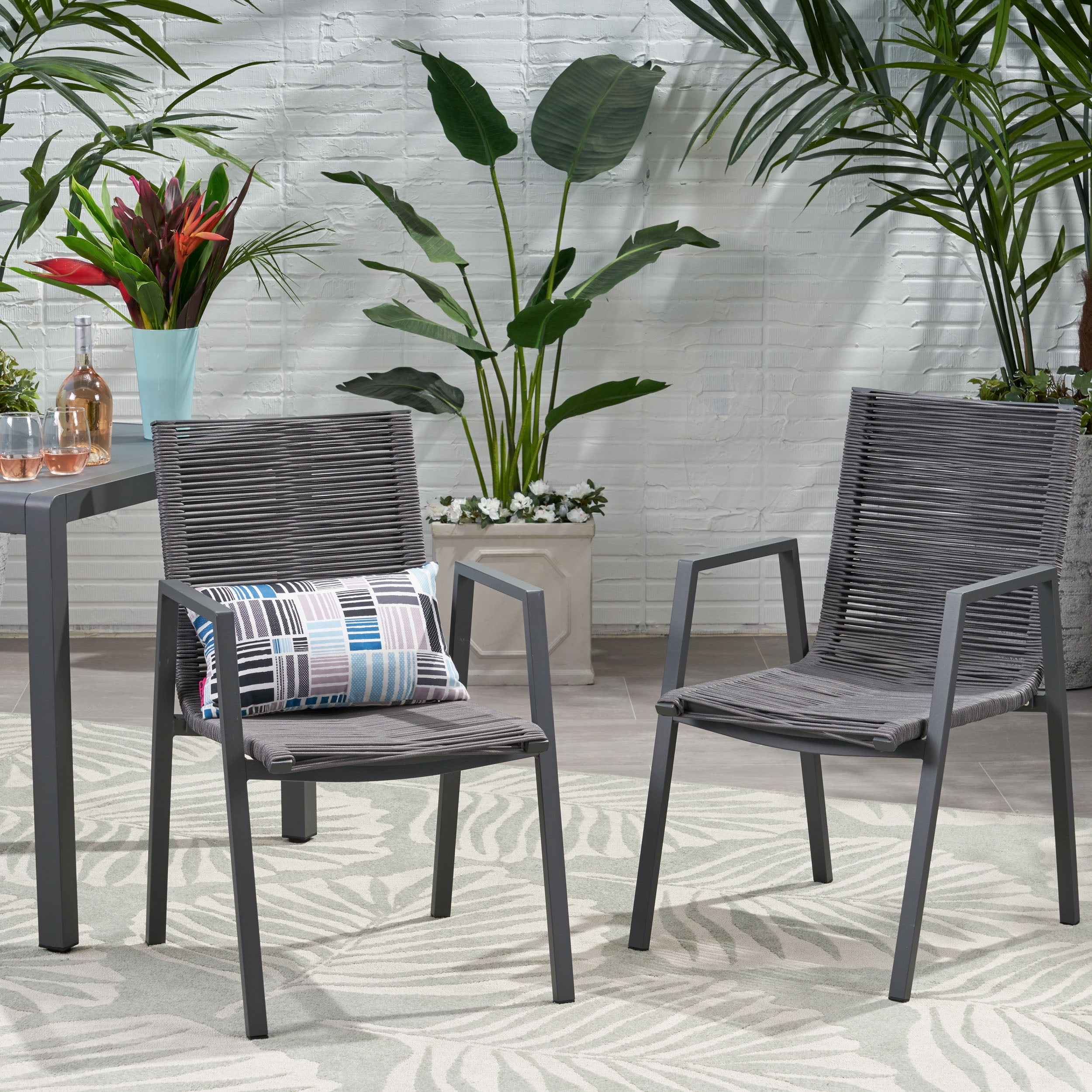 Croix Outdoor Modern Aluminum Dining Chair with Rope Seat, Set of 2, Gray and Dark Gray