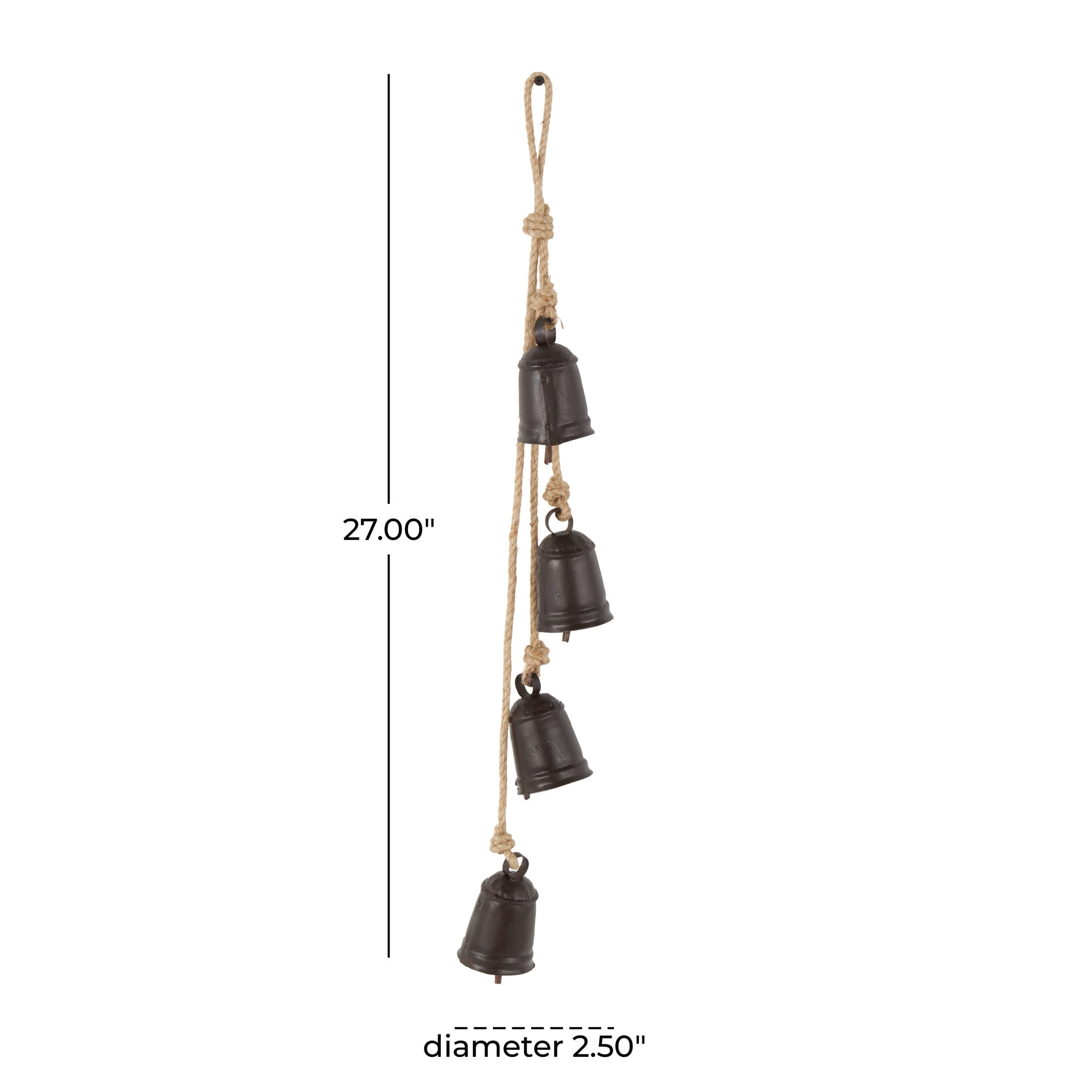 DecMode Tibetan Inspired Cascading Dark Brown Metal Cylindrical Decorative Bells with 4 Bells on Jute Hanging Rope