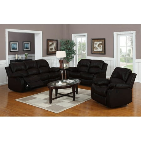 - Traditional Classic Reclining Sofa Set - Real Grain Leather - (Double Recliner, Loveseat, Single Chair)