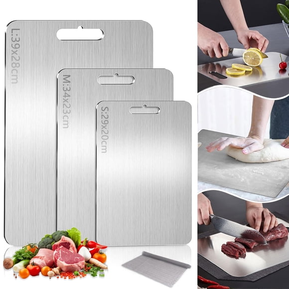 GALASALA Tablas para Picar Cocina, 3PCS Tabla para Picar de Doble Cara, Tabla de Acero Inoxidable 304 para Picar Cocina, Cutting Board Idónea para Cortar Carne, Frutas, Con Tapete Antidesli