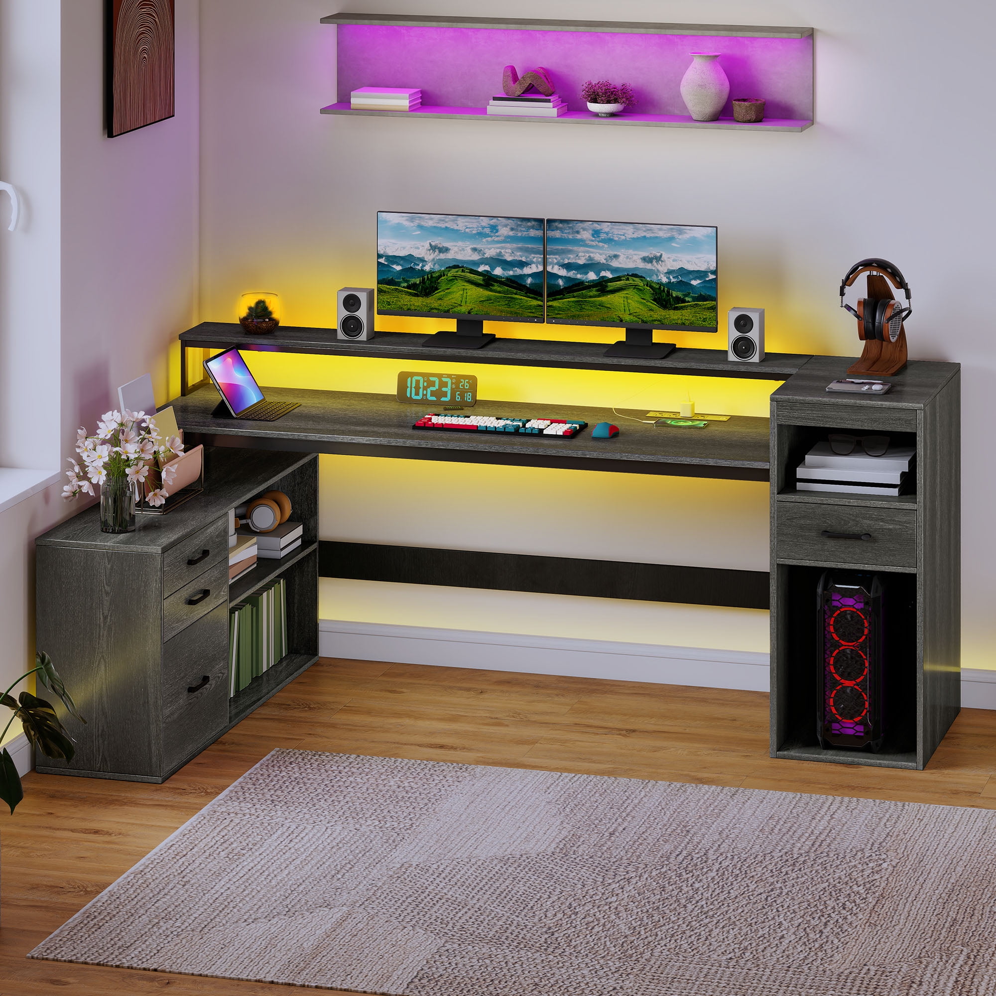 Dextrus L Shaped Computer Desk, 59" Gaming Table with Power Outlet & LED Light & Monitor Stand for Home Office,Gray