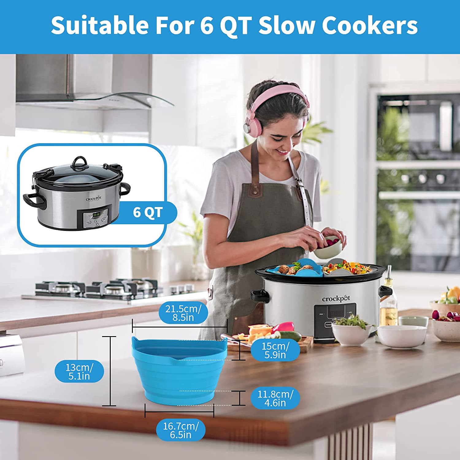 JSMKJ Slow Cooker Liners, Slow Cooker Silicone Liners, for 6 qt Crockpot, Reusable Crock Pot Liners, Easy Clean & Dishwasher Safe C