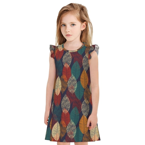 Fotbe Autumn Leaves Vestido de Dormir para Niñas de 3 a 10 Años, Mangas Cortas, Estilo Princesa, Pijama Camisón con Mangas Voladas-X-Large