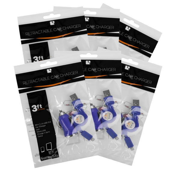 6 Pack Tangle-Free Retractable Micro USB Car Charging Cable For Cellphones, Digital Cameras, And Other Electronics (Blue)