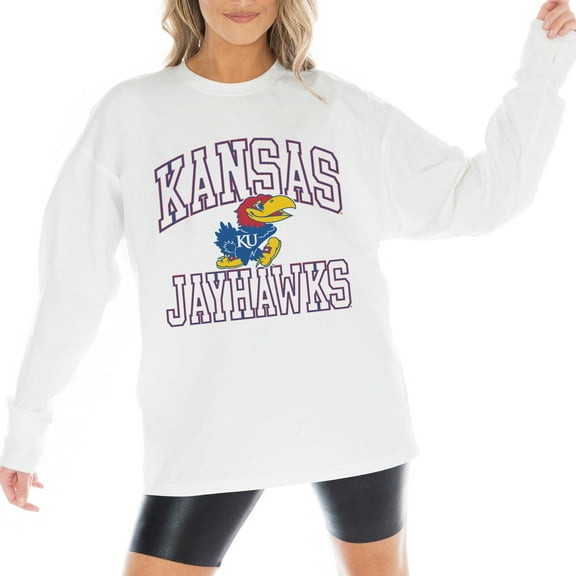 Women's Gameday Couture White Kansas Jayhawks Mind Games Oversized Long Sleeve T-Shirt