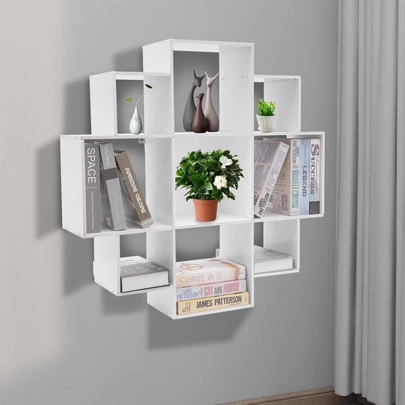 Wall Mounted Book Shelf 3-Tier White Floating Shelf Bookcase with 9 Compartments Wall Storage Shelves Floating Cube Shelves for Home Office Bedroom Dormitory Living Room
