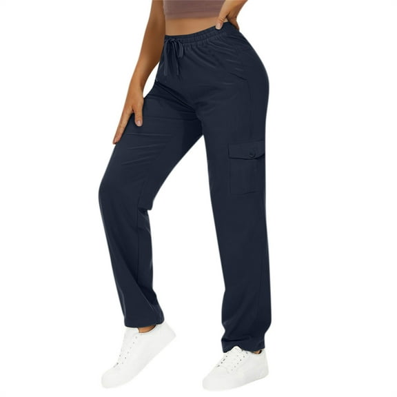 SYMOID Womens Navy Stretchy Cargo Pants - Elastic Drawstring Waist, Nylon Spandex Blend - Multi-Pocket Relaxed Fit Utility Pants for Daily/Work,Size M