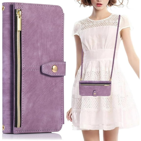 Design for Samsung Galaxy S20 5G Crossbody Wallet Case with PU Leather Card Holder Slots Kickstand Magnetic Closure Flip Folio Zipper Handbag Cases Shockproof Protective Cover Women Purple