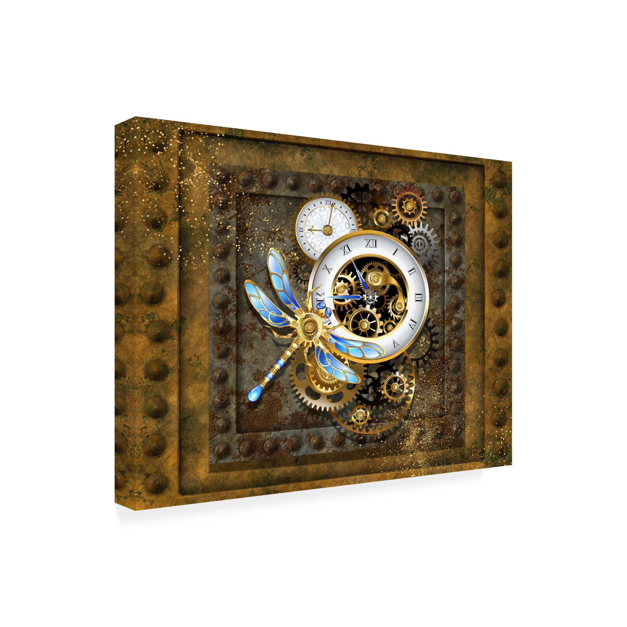 Canvas Wall Art - Tina Mitchell 'Steampunk Dragonfly Clock' Wall Art for Living Room, Bedroom, or Office Décor by Trademark Fine Art - 32 x 32 Inches