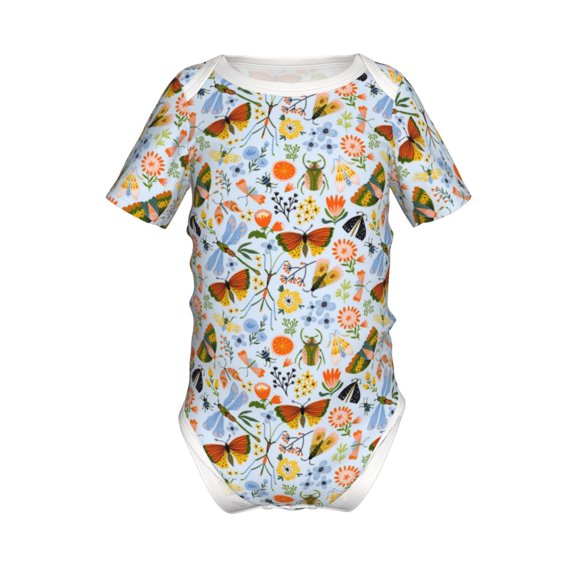 Xecao Insects and Flowers Pattern Baby Climbing Bodysuit Short Sleeve Onesie Unisex 0-12 Months Baby Shirt Newborn Outfits Crotch snap design-9M