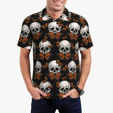 Goofa Butterfly Skull Print Mens Polo Shirts Quick Dry Short Sleeve Golf T Shirt Performance Moisture Wicking Casual Workout-XX-Large