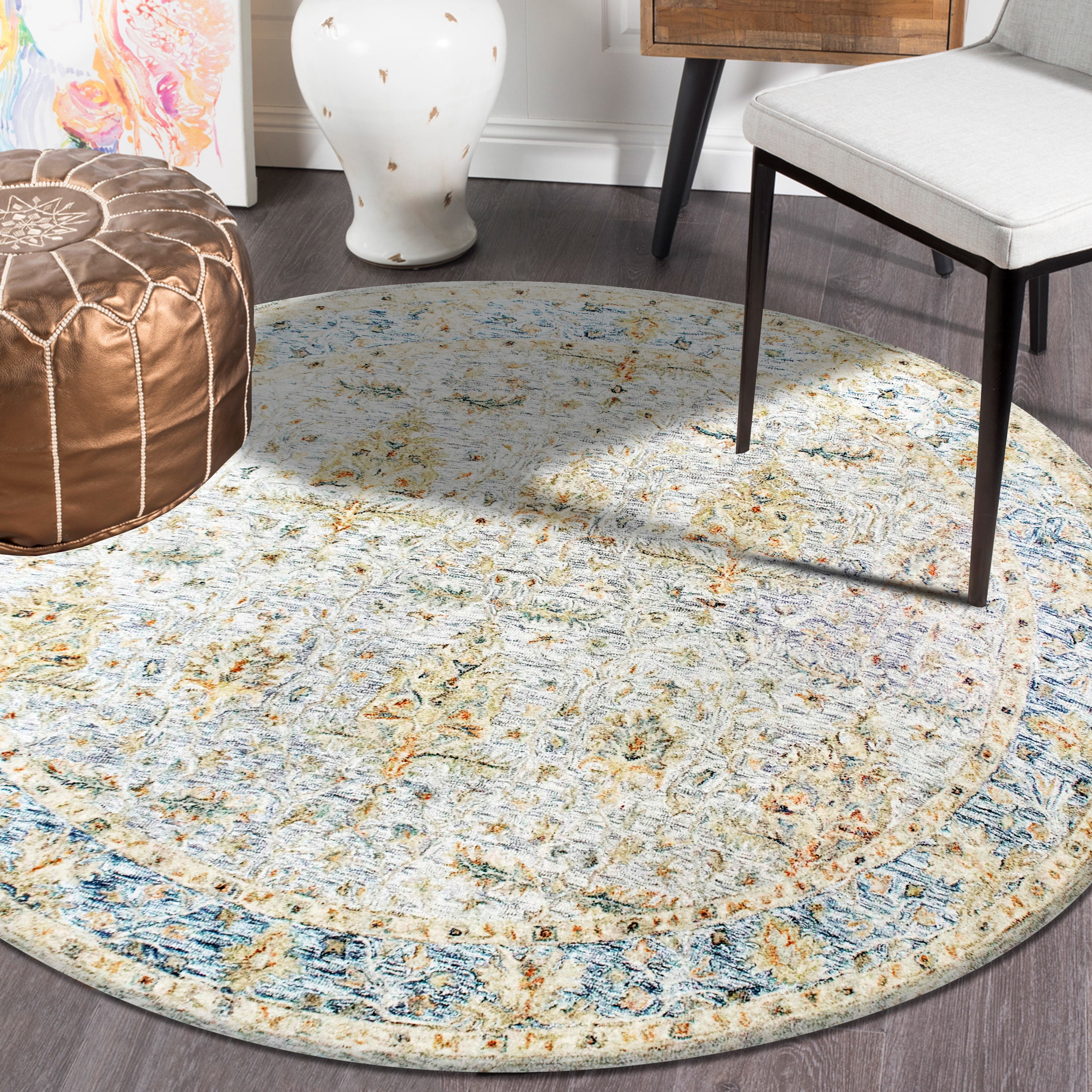 LR Home Viane Credo Blue/Taupe Vintage Floral Wool Round Rug, 8'6" Round
