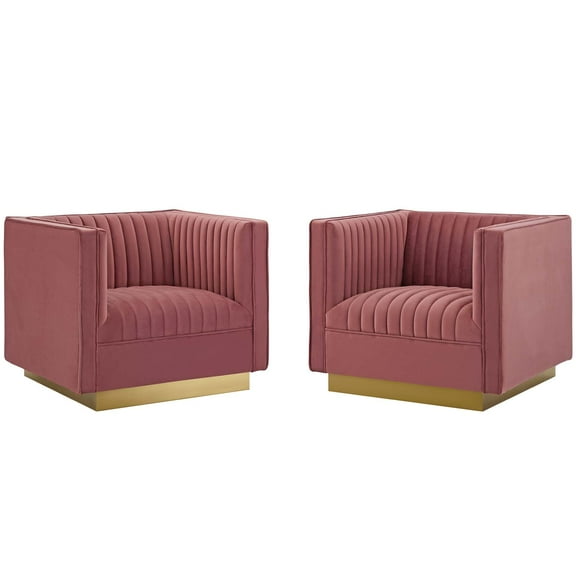 Tufted Armchair Accent Chair, Set of 2, Velvet, Pink, Modern Contemporary Urban Design, Living Lounge Room Hotel Lobby Hospitality