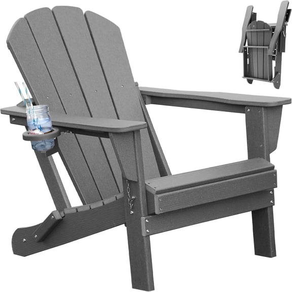 TOPCOMFY Adirondack Chair Folding All Weather HDPE Outdoor Patio Lawn Deck Fire Pit Seating with Cup Holder Gray