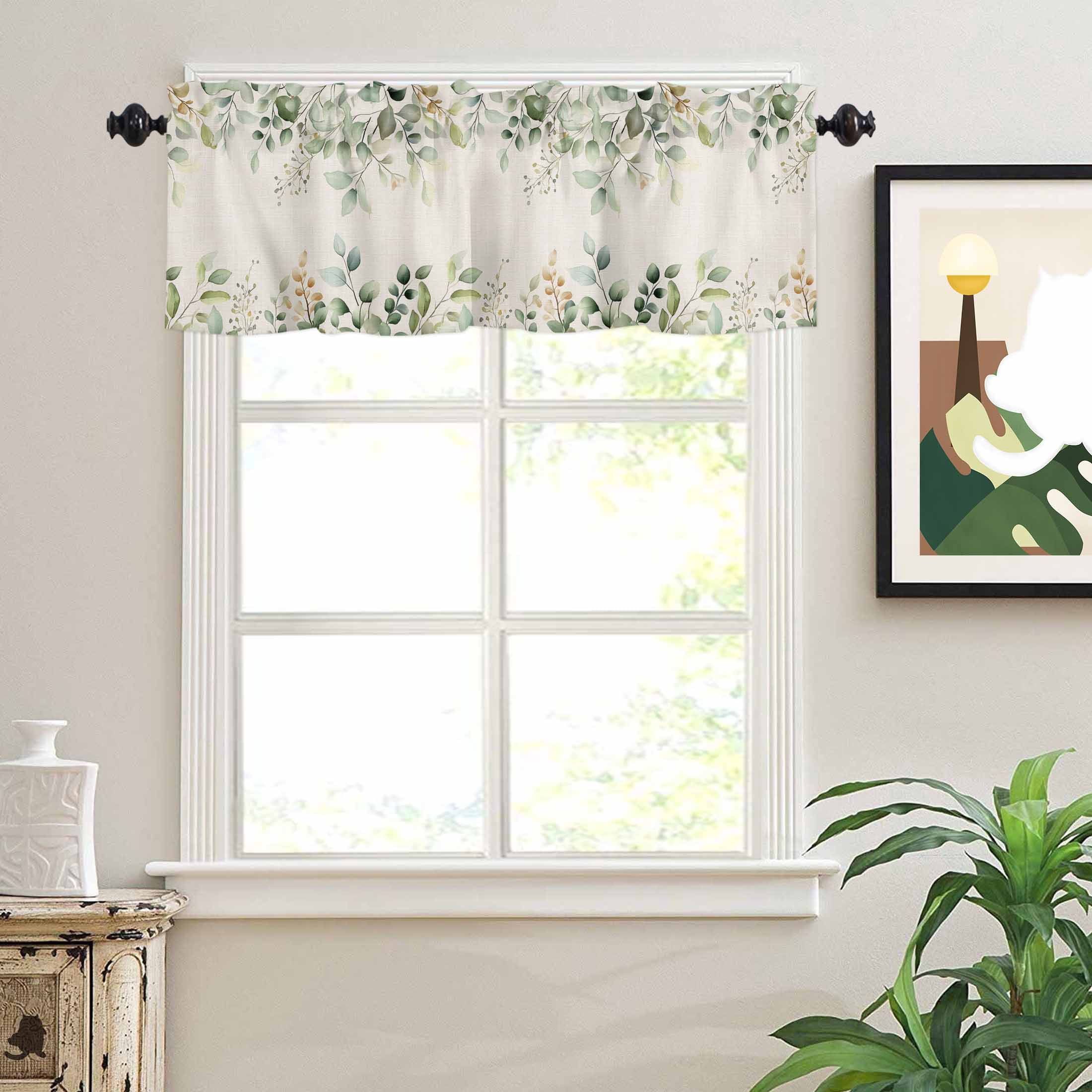 Retro Eucalyptus Leaves Valances for Windows Sage Green Leaf Summer Plants Linen Rod Pocket Curtain Valance Window Treatment Short Curtains for Kitchen Living Room, 60"x18"