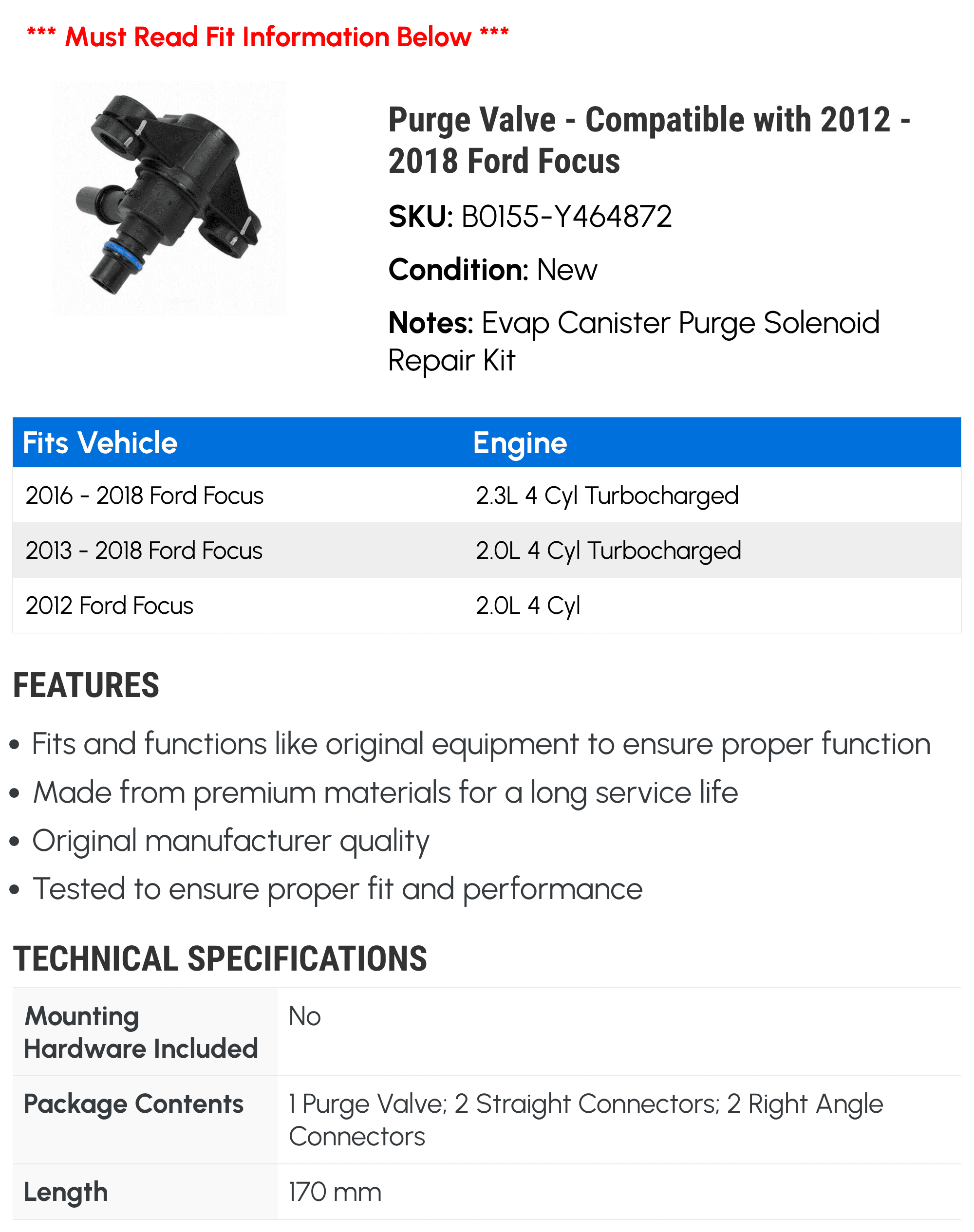 Purge Valve - Compatible with 2012 - 2018 Ford Focus 2013 2014 2015 2016 2017