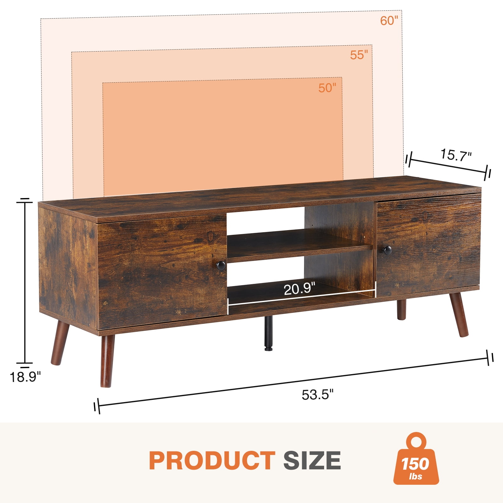 GIANNA TV Stand for TVs up to 60", Modern Mid Century Entertainment Center with Storage, 2 Cabinet Media Console Table, Brown