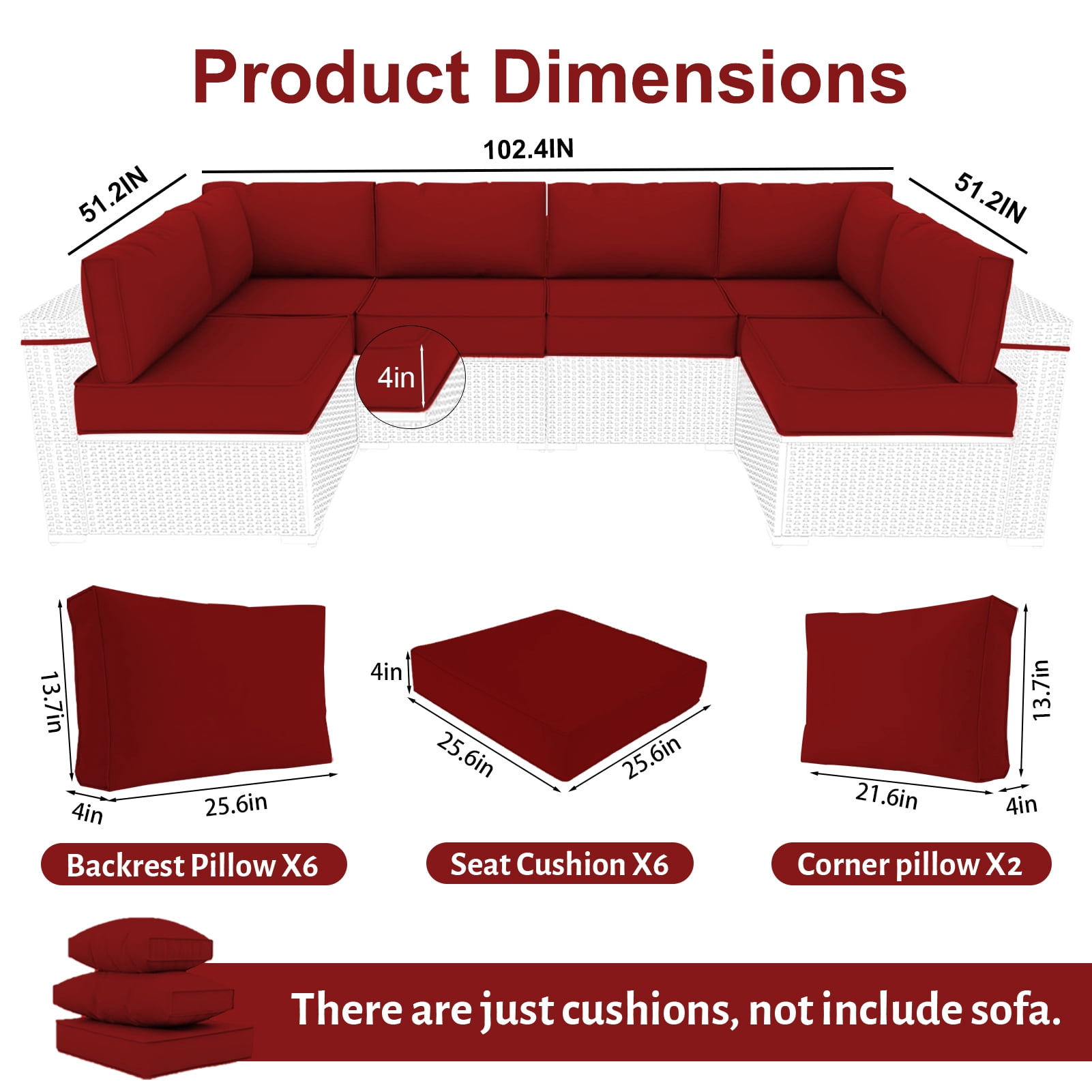 XXLYY Outdoor Replacement Cushions for Patio Furniture, 14 Piece Patio Sectional Cushions, 4" Water-Resistant Replacement Sofa Cushions Fits 6-seat Rattan Conversation Set